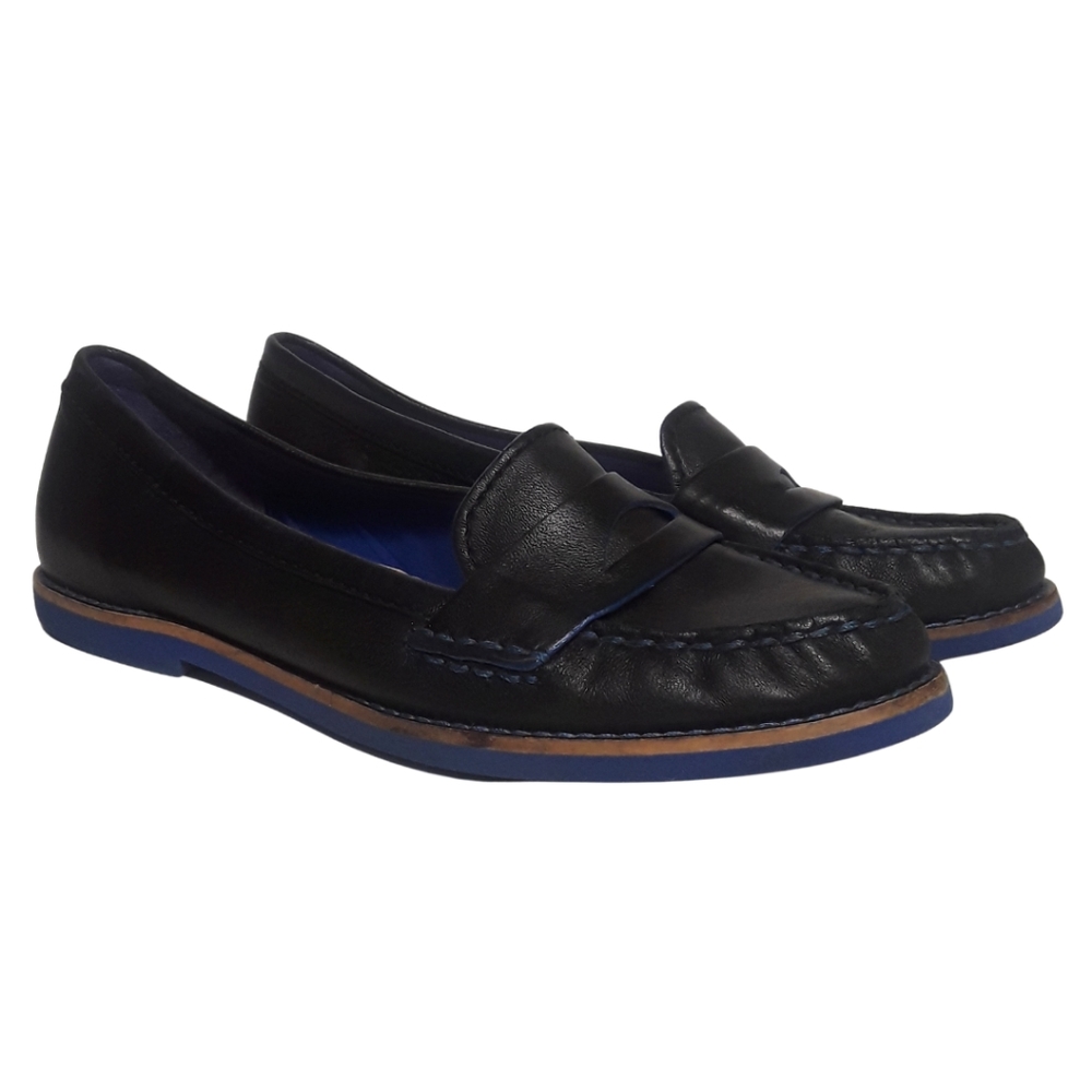 Cole Haan Black Leather Penny Loafers with Blue Trim